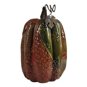 Thanksgiving Pumpkin Decor Brown Green 10.5" Fall Autumn Wire Stem Ceramic Gloss